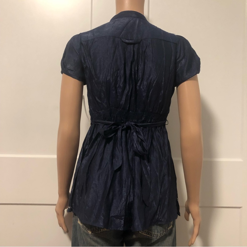 Premise Studio Navy Blue Sheen White Lace Short Puffy Sleeves Top Blouse XS - Picture 3 of 3